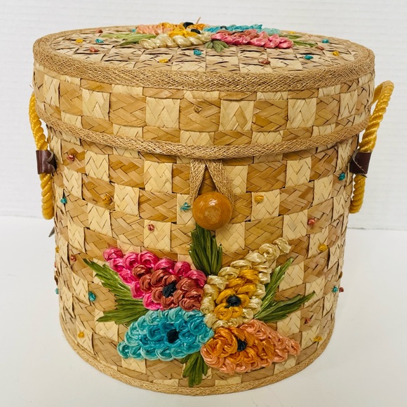 Vintage Mid Century Woven Straw Raffia Tropical Purse Beach Tote Picnic Basket - Picture 2 of 9